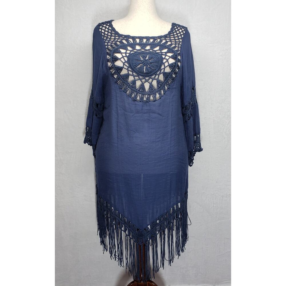 NWT Boho Crochet Fringe Beach Cover Up Dress Navy Blue Medium Coastal Resortwear